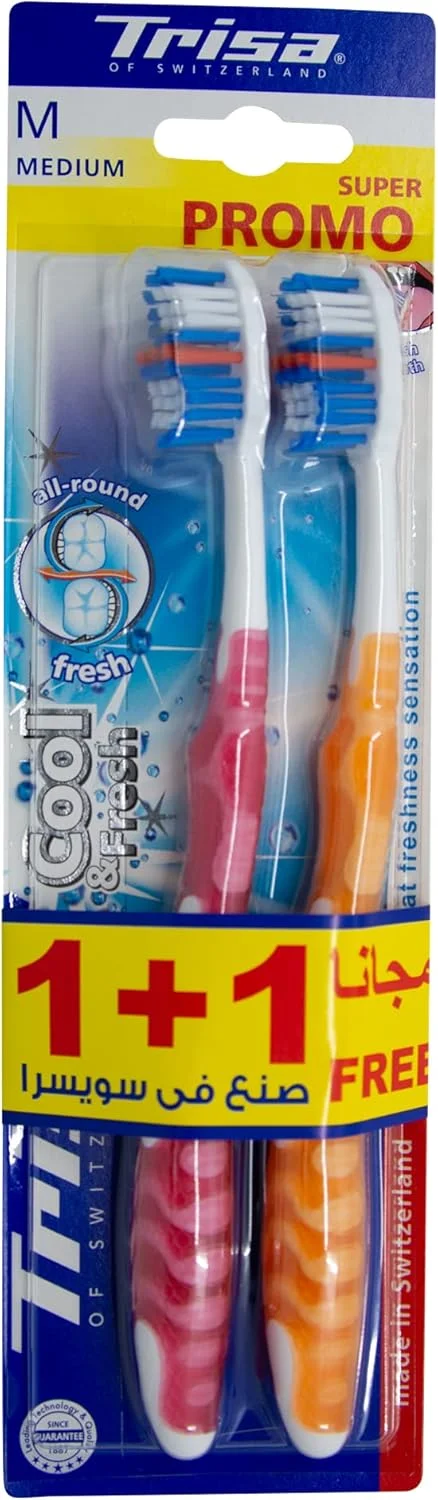 مسواک متوسط تریزا کول فرش با درپوش مسافرتی، بهترین مراقبت دهان و دندان سوئیسی، برس فوق العاده نرم و انعطاف پذیر - بسته 2 عددی، جور شده