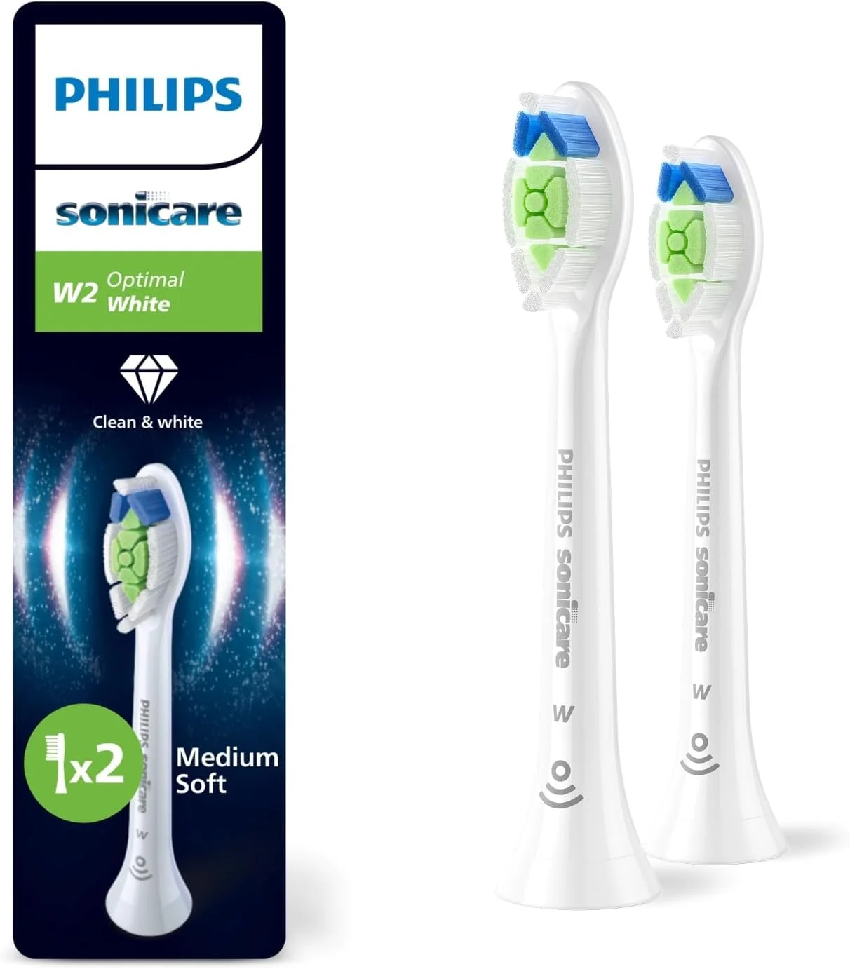 سری یدک مسواک برقی فیلیپس Sonicare W2 Optimal White، اصل، سفید، بسته 2 عددی، HX6062/87
