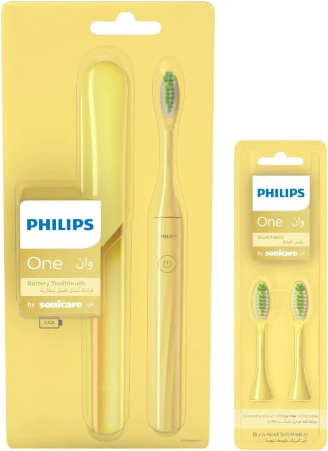 مسواک باتری خور Philips One by Sonicare، مدل HY1100/02، ست 2 عددی به همراه 2 عدد سری مسواک، مدل BH1022/02، زرد انبه ای