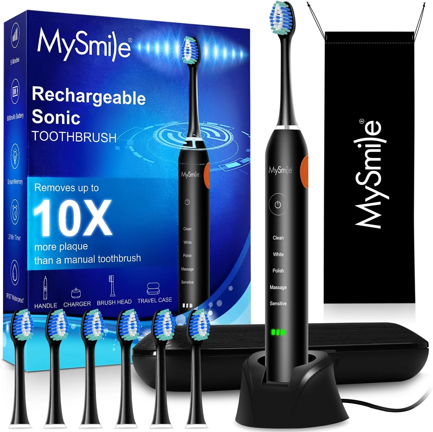 مسواک برقی بزرگسالان MySmile، مسواک الکترونیکی سونیک قابل شارژ با 6 سری مسواک و کیف مسافرتی، تایمر هوشمند 2 دقیقه ای 5 حالته، 48000VPM (مشکی)