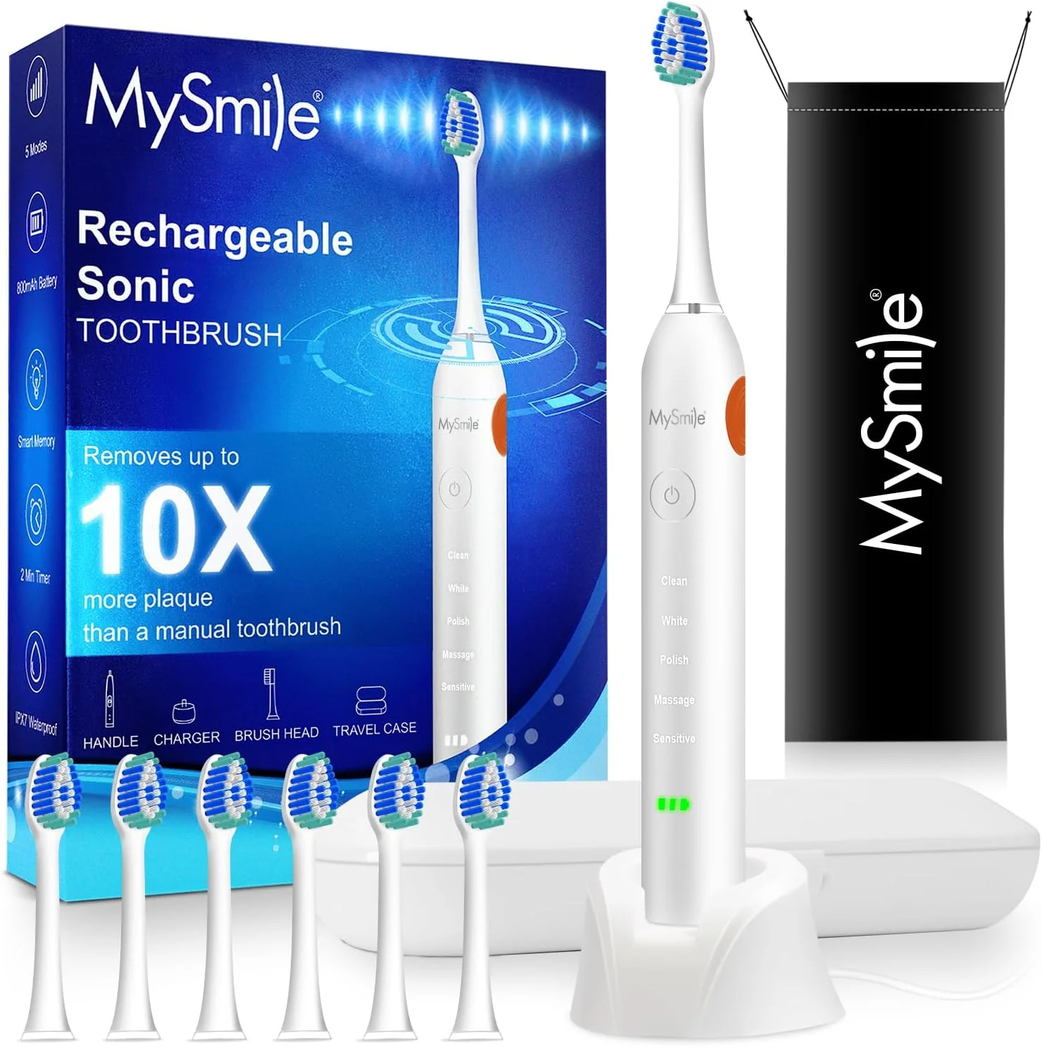 مسواک برقی بزرگسالان MySmile، مسواک الکترونیکی سونیک قابل شارژ با 6 سری مسواک و کیف مسافرتی، تایمر هوشمند 2 دقیقه ای 5 حالته، 48000VPM (سفید)