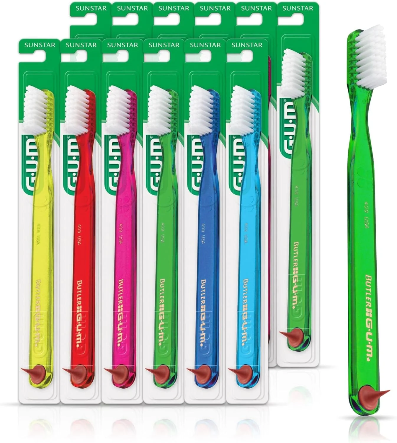 مسواک کلاسیک جی یو ام 409 با نوک لاستیکی، سر فشرده، برس نرم، نمونه عمده، 12 عدد