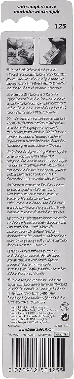 مسواک ارتودنسی تاشو سفری GUM - محافظت آنتی باکتریال - تمیز کننده ملایم زبان - از بین برنده باکتری های مولد بو - دسته ارگونومیک - تمیز کنندگی عمیق و موثر