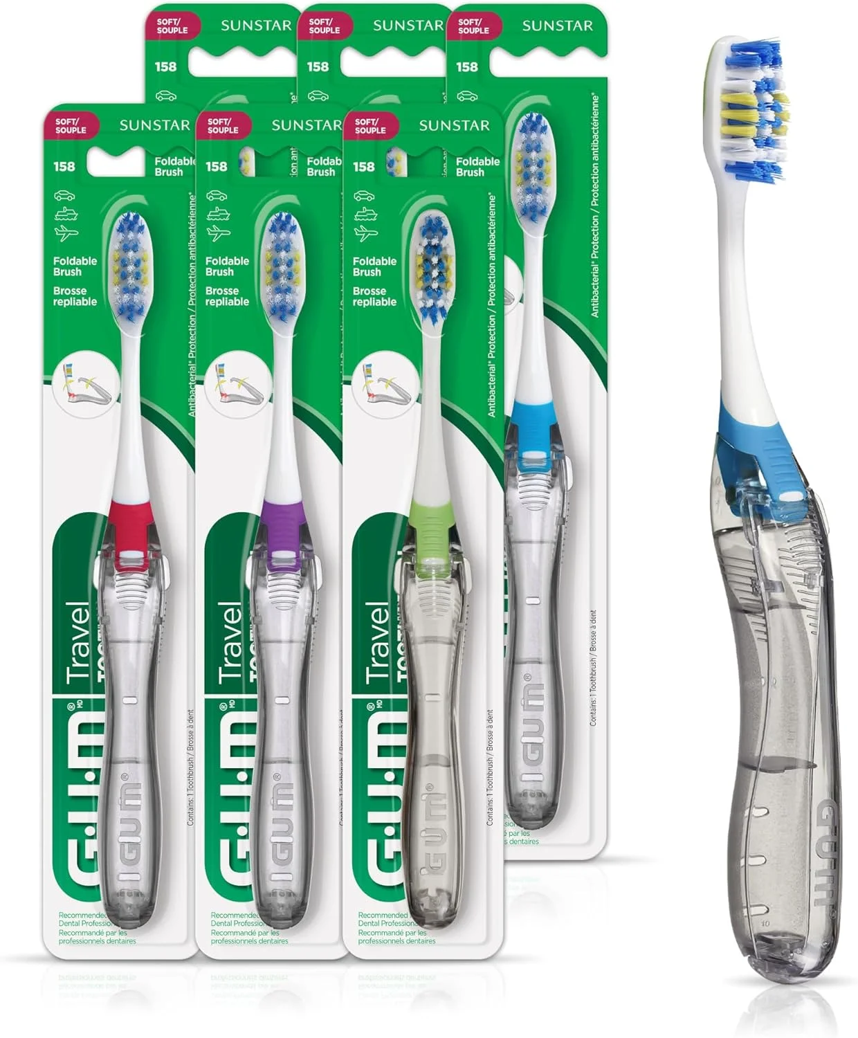 مسواک تاشو مسافرتی GUM - سر کوچک + تمیز کننده زبان - مسواک های مسافرتی با برس نرم برای بزرگسالان 6 عددی