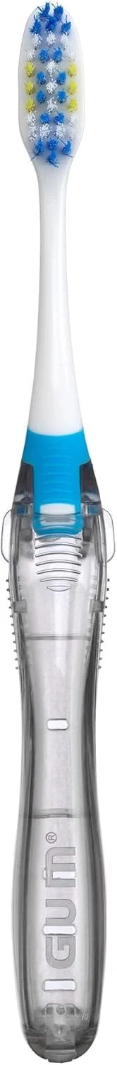 مسواک تاشو مسافرتی GUM - سر کوچک + تمیز کننده زبان - مسواک های مسافرتی با برس نرم برای بزرگسالان 6 عددی