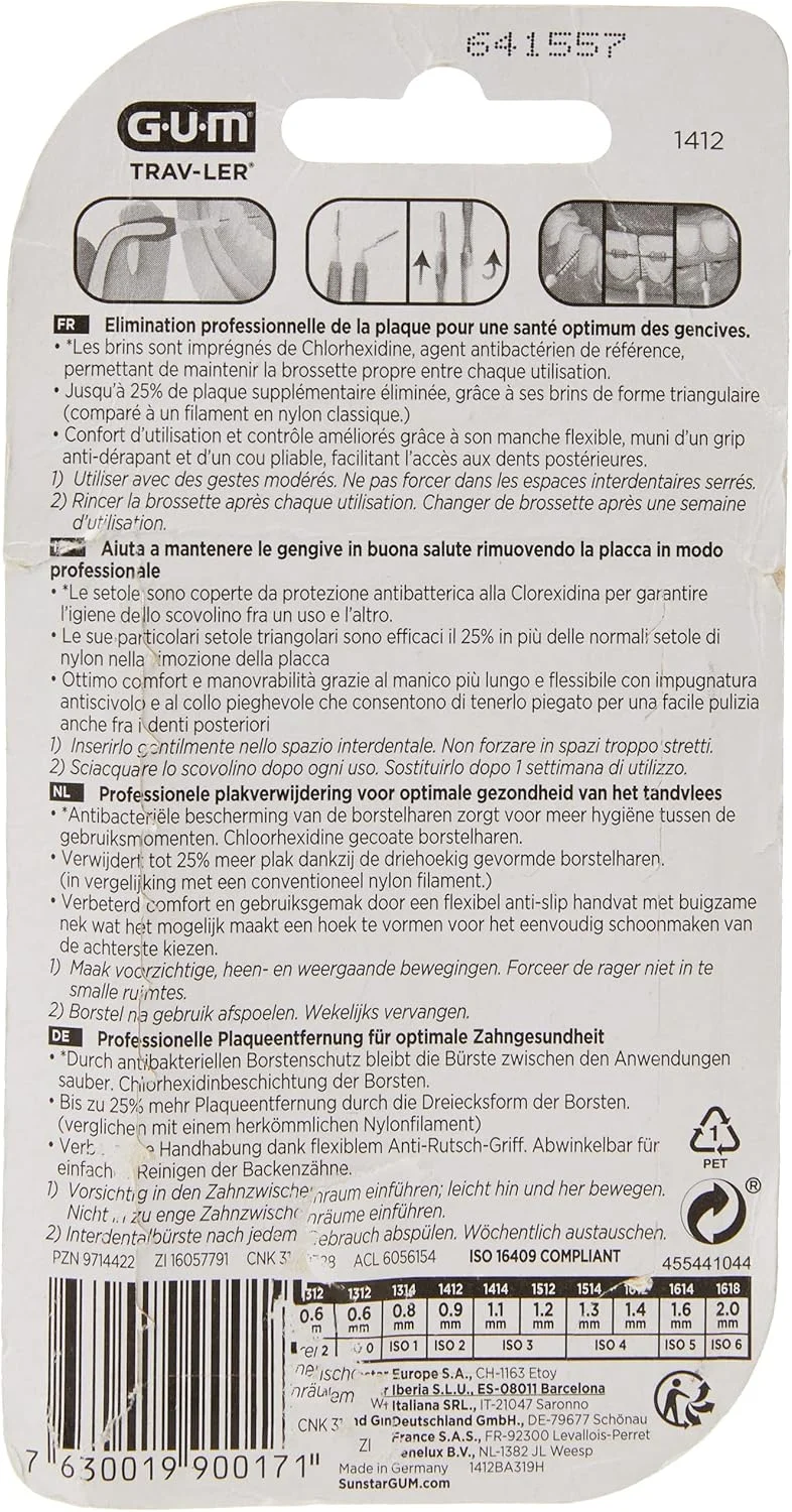 برس بین دندانی Gum Trav-Ler برای حذف پلاک - نارنجی - دسته ارگونومیک راحت و انعطاف پذیر - از بین برنده تا 25% بیشتر پلاک - سیم روکش دار - دارای محافظت آنتی باکتریال - به آرامی استفاده شود - 6 عدد