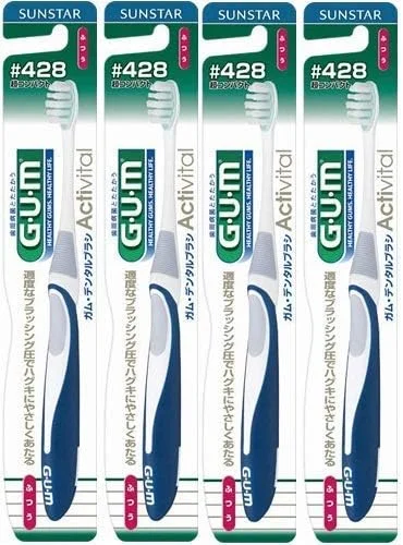 (خرید عمده) مسواک دندان GUM مدل 428 با سر فوق العاده جمع و جور/ معمولی [فلاکینگ چند منظوره + موهای 3 نوک] x 4