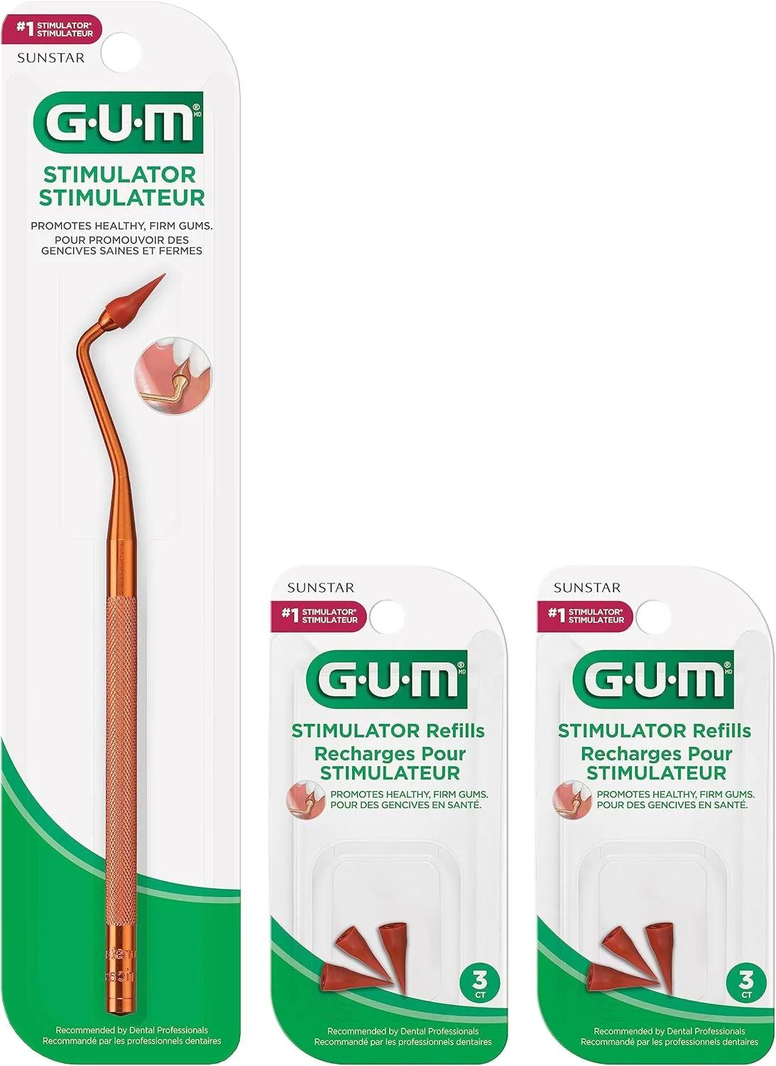 مجموعه محرک لثه GUM، دسته دائمی با نوک لاستیکی برای ماساژ و تقویت و 2 بسته پرکننده مجدد، (دسته + 2 بسته پرکننده مجدد)
