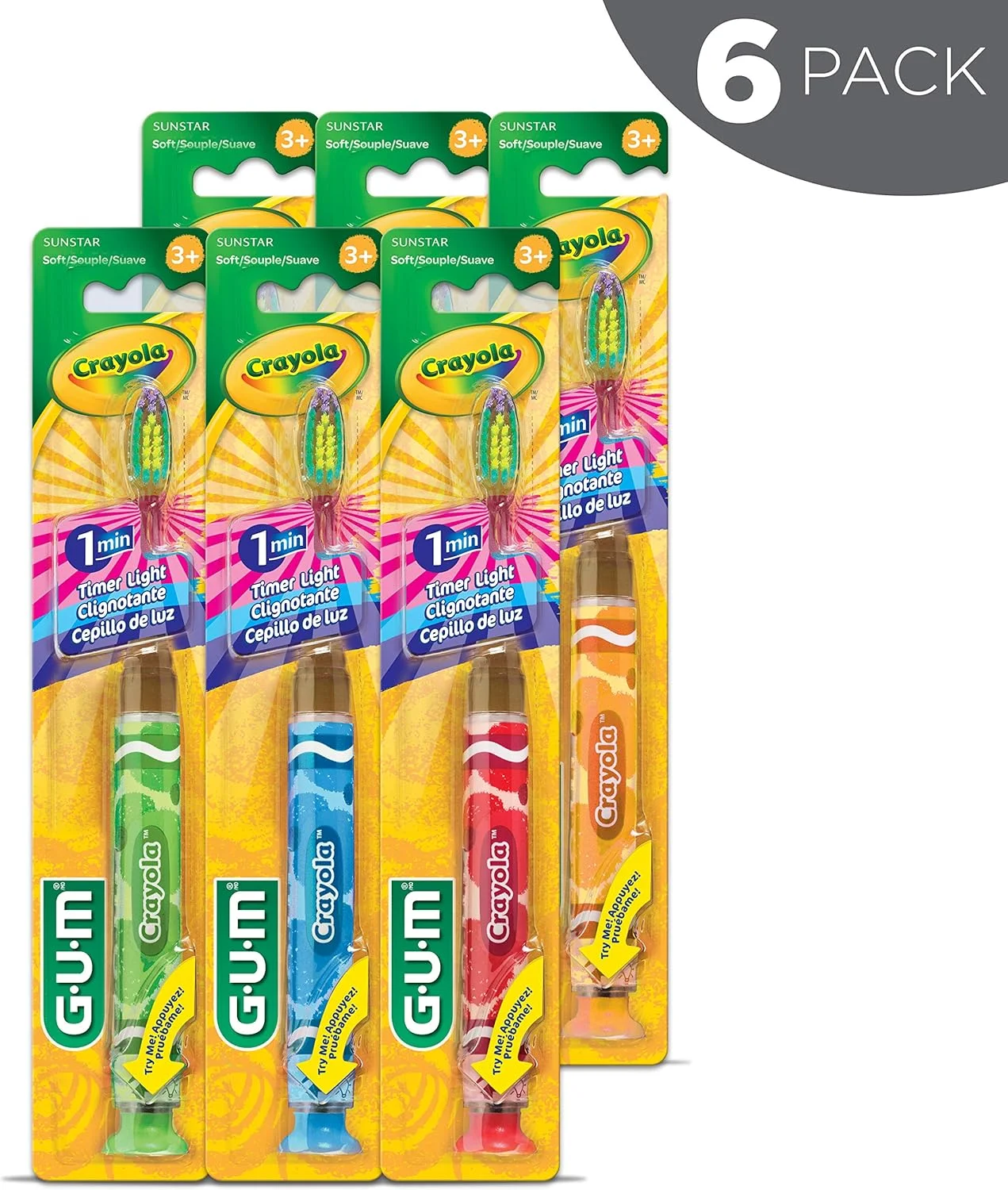 مسواک چراغ دار تایمر دار کودکانه GUM Crayola، فوق العاده نرم، مناسب برای سنین 3 سال به بالا، رنگ های متنوع، 6 عدد