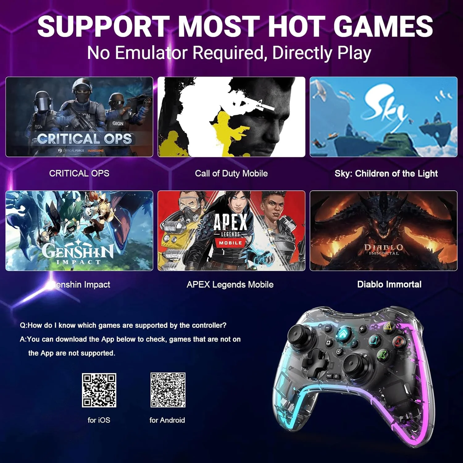 کنترلر بازی شفاف برای آیفون، آیپد، iOS، اندروید، تبلت، کامپیوتر، N-Switch، PS5، PS4، PS3، استیم دک، جوی استیک گیم پد بی سیم با نگهدارنده تلفن، دکمه پشتی، توربو، نور RGB - بازی مستقیم کنترلر بازی شفاف برای آیفون، آیپد، iOS، اندروید، تبلت، کامپیوتر، N-Switch، PS5، PS4، PS3، استیم دک، جوی استیک گیم پد بی سیم با نگهدارنده تلفن، دکمه پشتی، توربو، نور RGB - بازی مستقیم