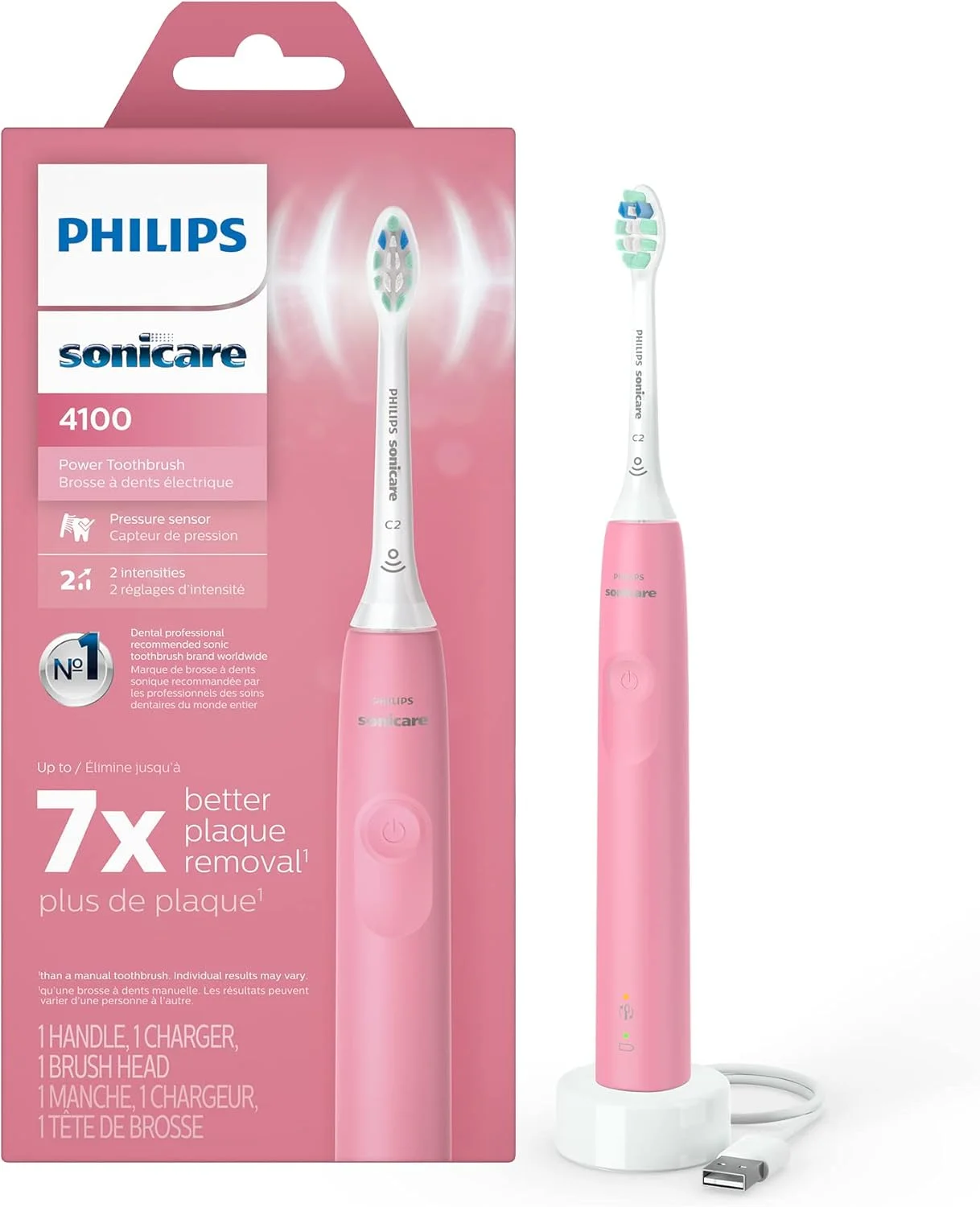 مسواک برقی شارژی فیلیپس Sonicare 4100، با حسگر فشار، 2 تنظیمات شدت، SmarTimer و QuadPacer، عمر باتری 14 روزه، صورتی تیره، مدل HX3681/26