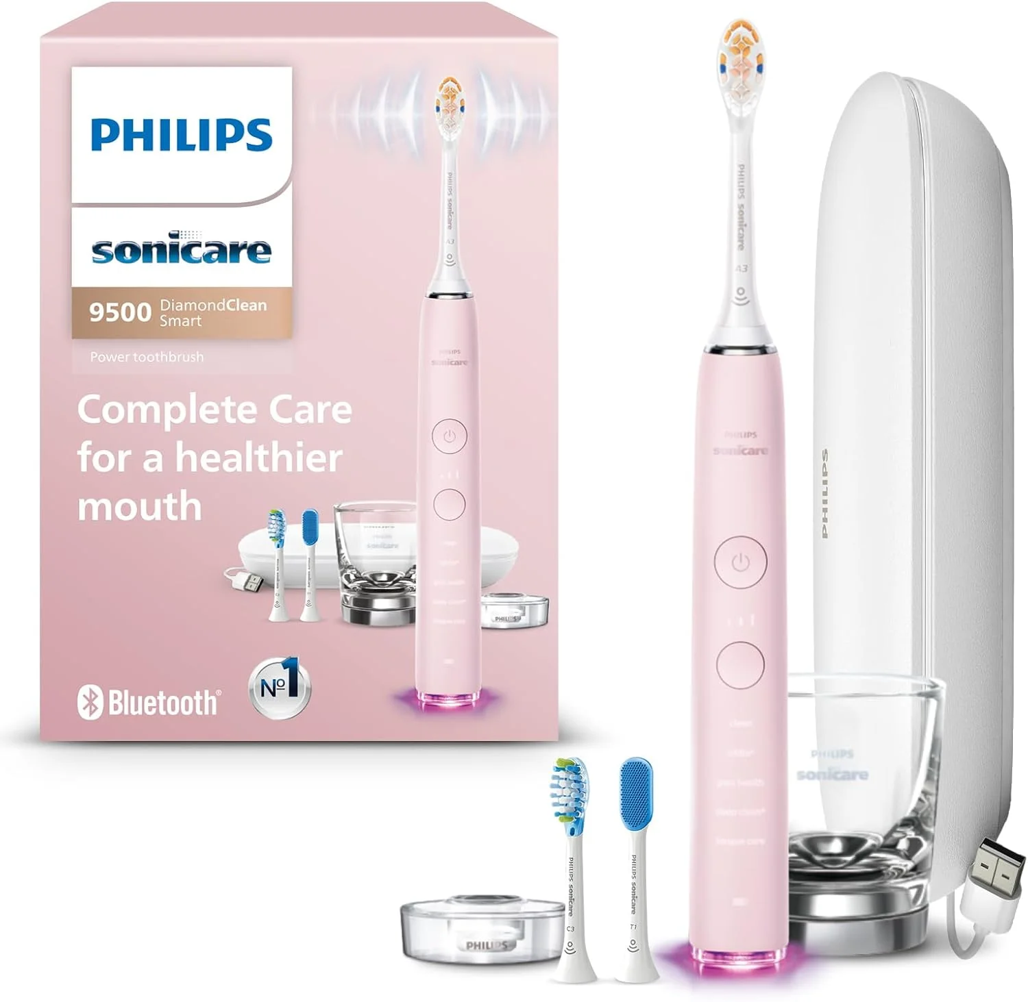 مسواک برقی هوشمند فیلیپس Sonicare DiamondClean Smart 9500، مسواک صوتی با اپلیکیشن، سنسور فشار، تشخیص سر مسواک، 5 حالت مسواک زدن و 3 سطح شدت، صورتی، مدل HX9923/21