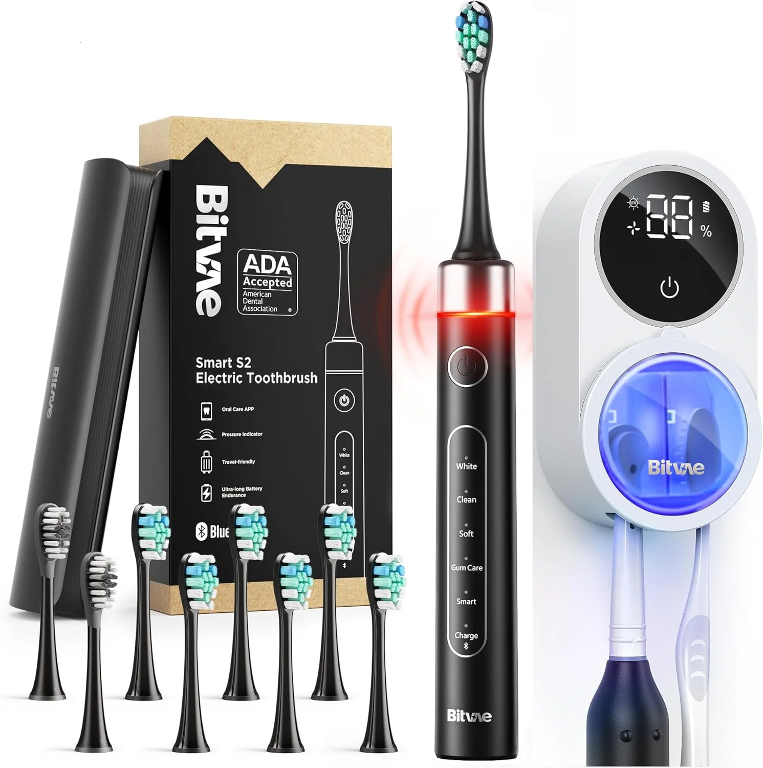 مسواک برقی بلوتوثی Bitvae با حسگر فشار، مورد تایید ADA، اولتراسونیک، 8 سر برس، 5 حالت، 4 ساعت شارژ برای 100 روز، مسواک برقی قابل شارژ، برس نرم، مشکی (BVUS-S2-B)