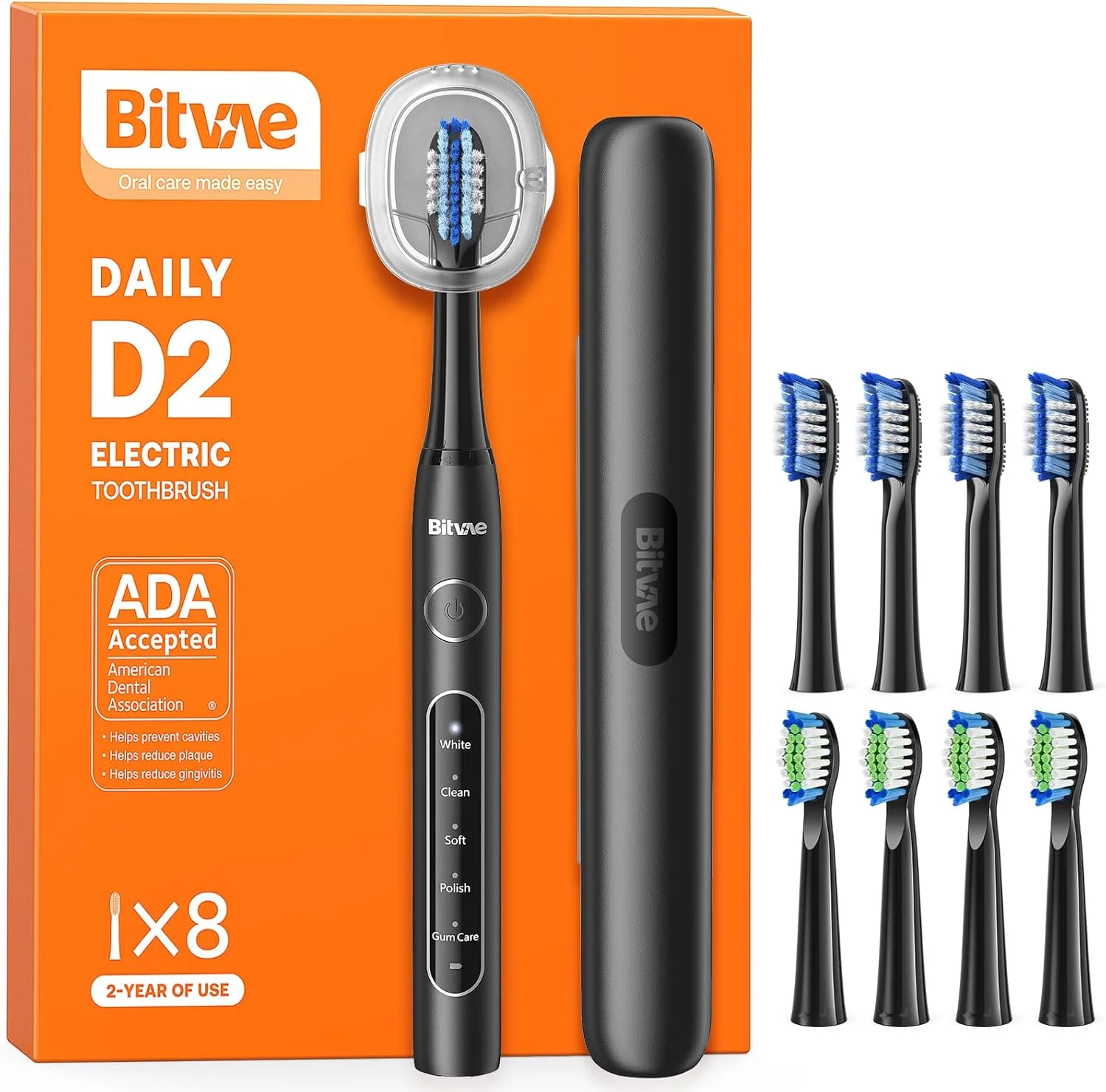 مسواک برقی Bitvae D2 برای بزرگسالان و کودکان، مسواک صوتی قابل شارژ، مسواک اولتراسونیک مسافرتی، مسواک نرم با 8 سری و 5 حالت (مشکی-A)