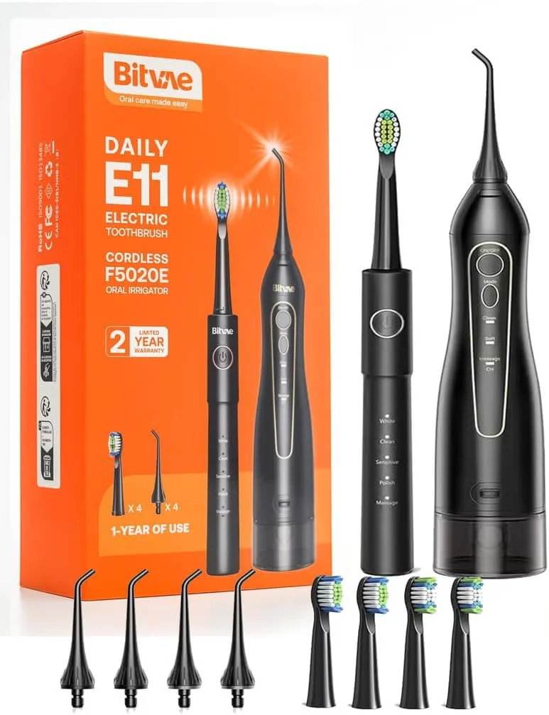 ست مسواک برقی و نخ دندان آبی، بی سیم قابل شارژ و ضد آب، 5 حالت انتخابی و 4 سری مسواک سفید کننده، 3 حالت و 4 نازل مشکی دستگاه شستشوی دهان برای مسافرت || E11+F5020E-BLK