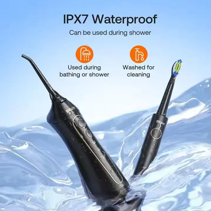 ست مسواک برقی و نخ دندان آبی، بی سیم قابل شارژ و ضد آب، 5 حالت انتخابی و 4 سری مسواک سفید کننده، 3 حالت و 4 نازل مشکی دستگاه شستشوی دهان برای مسافرت || E11+F5020E-BLK