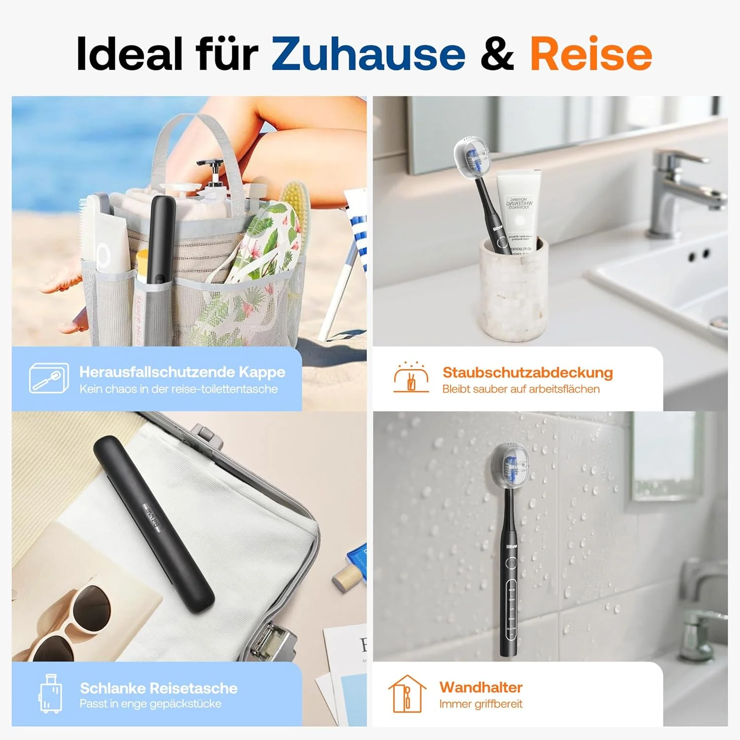 مسواک برقی Bitvae D2 برای بزرگسالان و کودکان، مسواک صوتی قابل شارژ، مسواک اولتراسونیک مسافرتی، مسواک نرم با 8 سری و 5 حالت (مشکی-A)