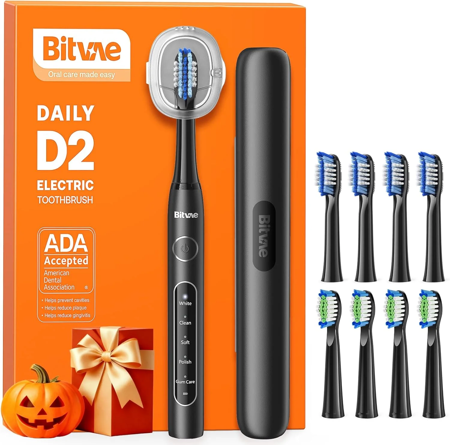 مسواک برقی سونیک Bitvae مدل Daliy D2، مسواک برقی شارژی برای بزرگسالان و کودکان، مسواک اولتراسونیک با 8 سری مسواک، مشکی