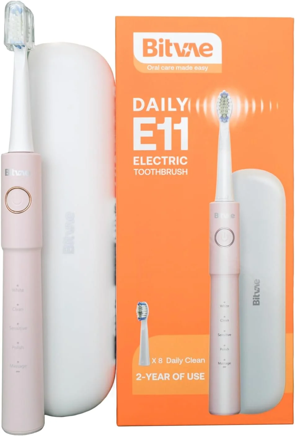 مسواک برقی سونیک Bitvae E11 – صورتی، با 8 سری جایگزین و کیف مسافرتی H4، دارای 5 حالت تمیز کردن، تایمر هوشمند، مسواک قابل شارژ برای بزرگسالان