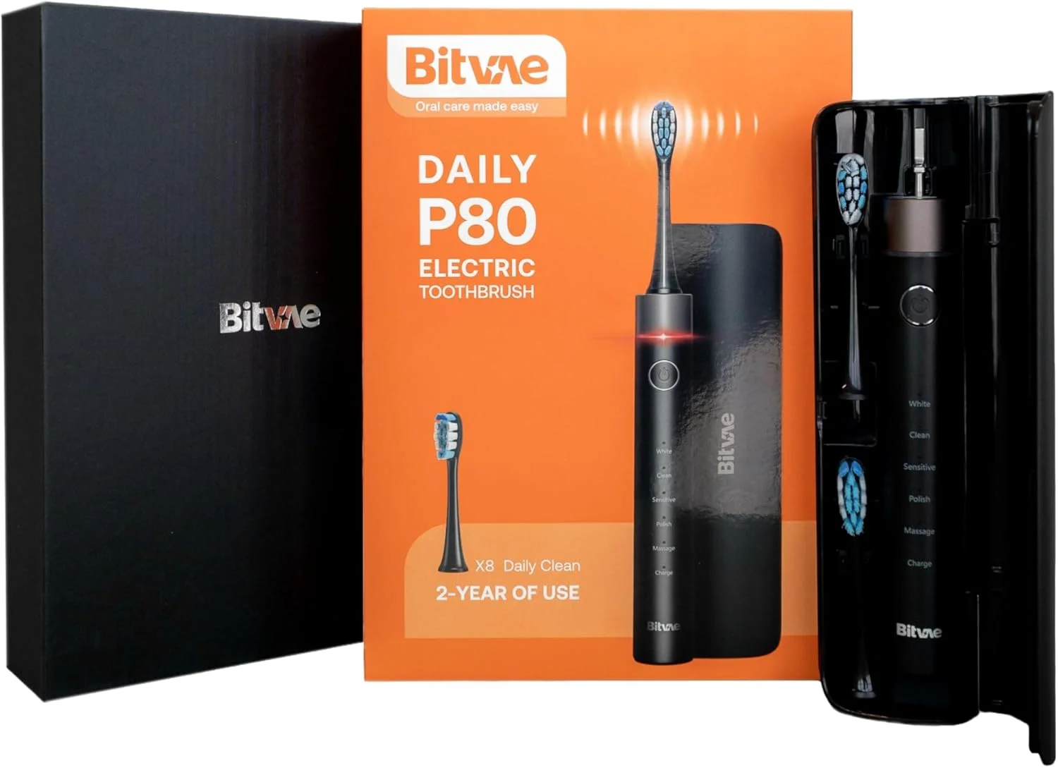 مسواک برقی سونیک Bitvae P80 – مشکی، با 8 سری جایگزین و کیف مسافرتی H6، 5 حالت تمیز کردن، عمر باتری 60 روزه، تایمر هوشمند، مسواک شارژی برای بزرگسالان