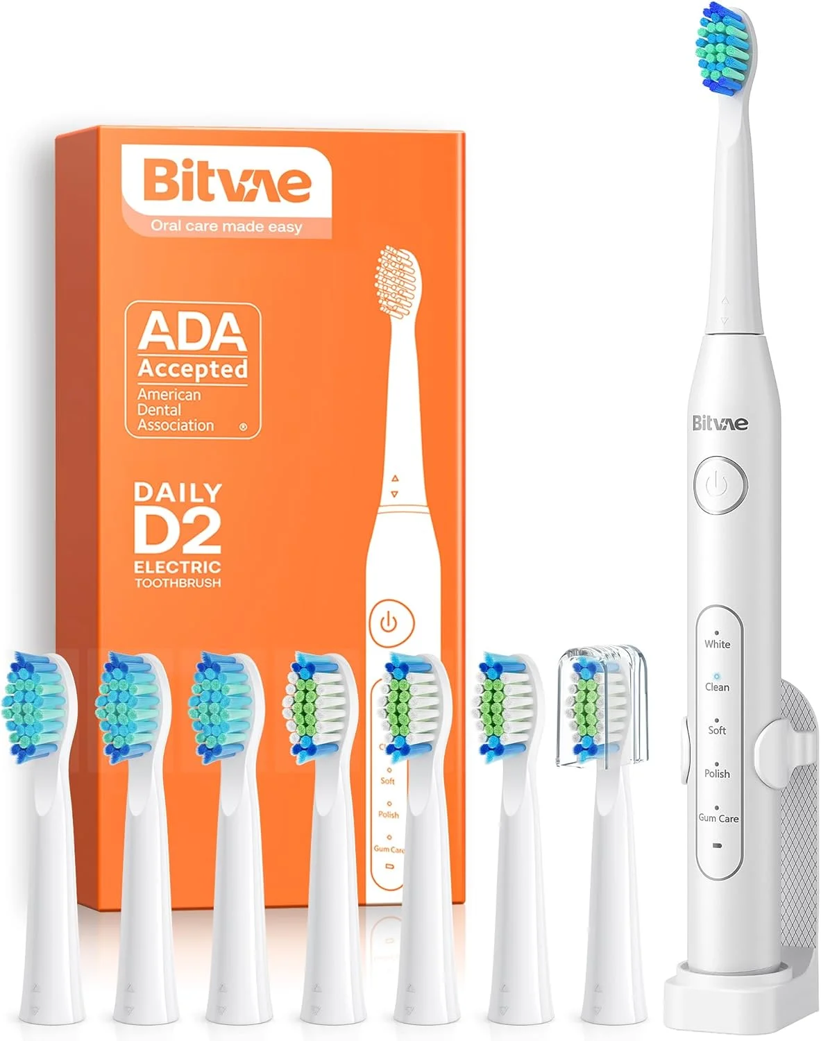 مسواک برقی اولتراسونیک Bitvae D2 با 8 سری مسواک، مسواک صوتی برای بزرگسالان و کودکان به همراه پایه نگهدارنده، 5 حالت، تایمر هوشمند، سفید