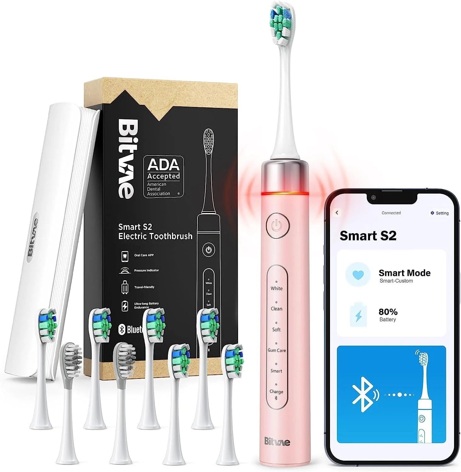 مسواک برقی سونیک Bitvae S2 – صورتی، به همراه 8 سری یدکی، کیف مسافرتی و درپوش محافظ سری، 5 حالت تمیز کردن، تایمر هوشمند، قابل شارژ با USB، عمر باتری طولانی