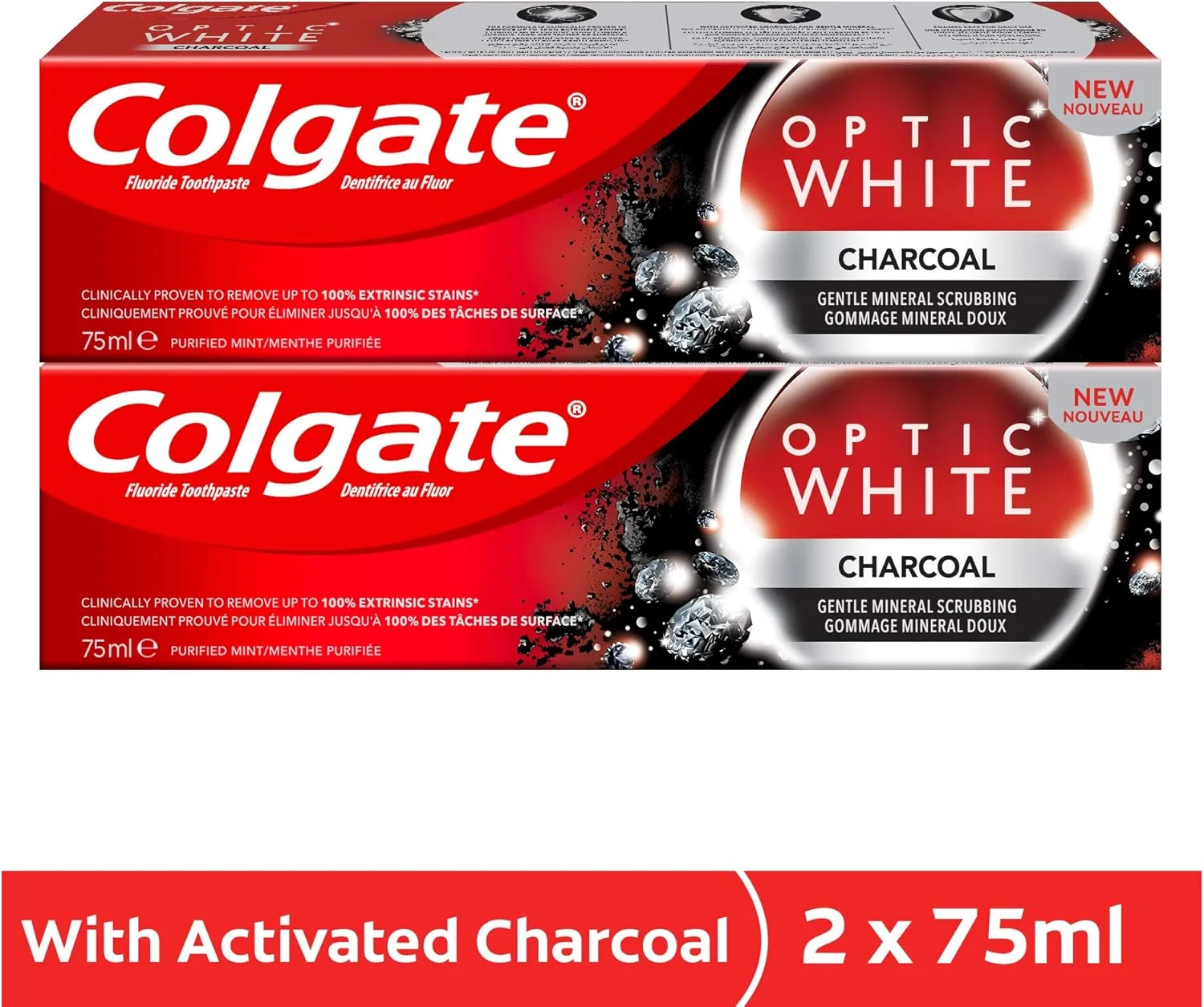 خمیر دندان سفید کننده کلگیت Optic White حاوی زغال فعال، بسته دو عددی ۷۵ میلی لیتری