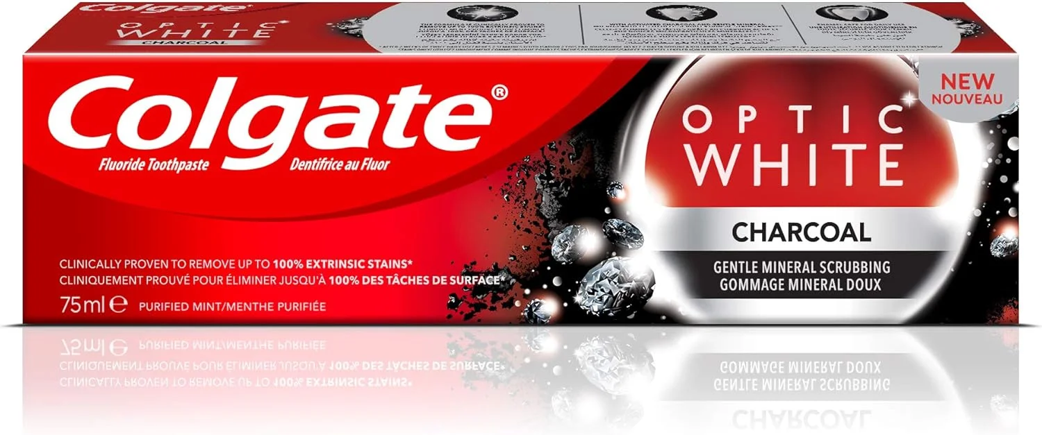 خمیر دندان سفید کننده کلگیت Optic White حاوی زغال فعال، بسته دو عددی ۷۵ میلی لیتری