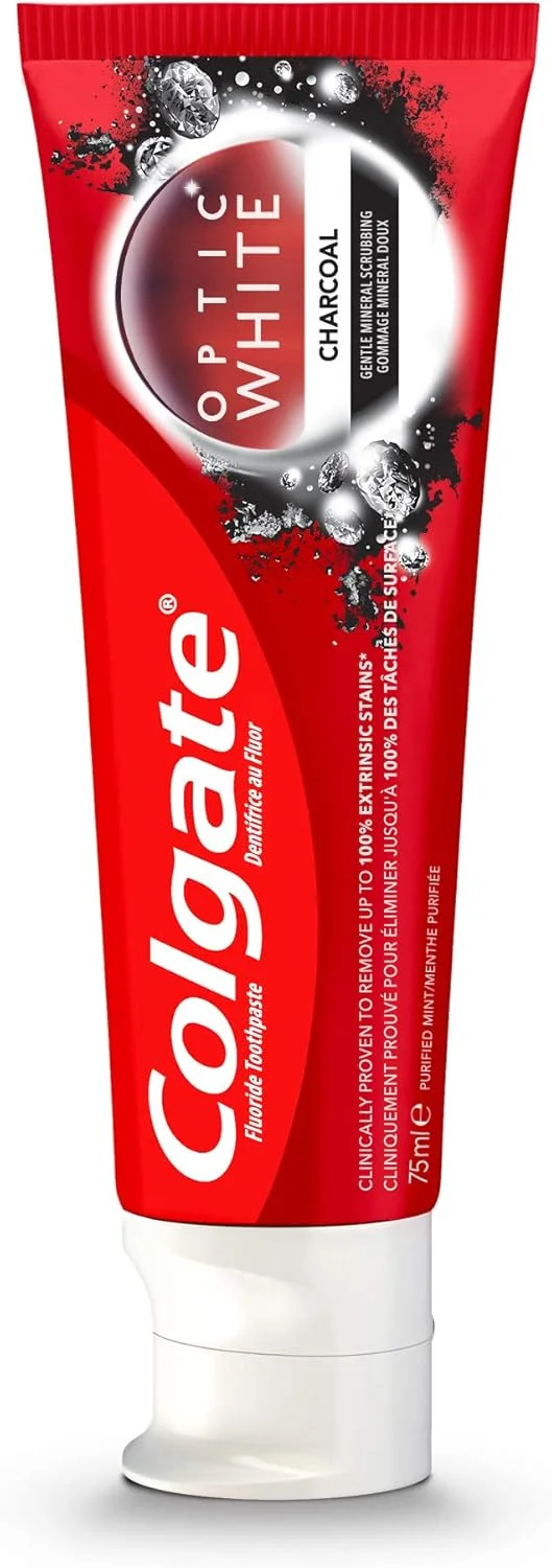 خمیر دندان سفید کننده کلگیت Optic White حاوی زغال فعال، بسته دو عددی ۷۵ میلی لیتری