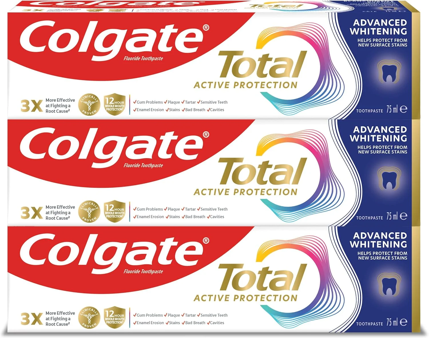 خمیر دندان کلگیت توتال اکتیو، پیشگیری فعال، سفید کننده پیشرفته، کمک به جلوگیری از ایجاد لکه های جدید روی سطح، 3x75 میلی لیتر