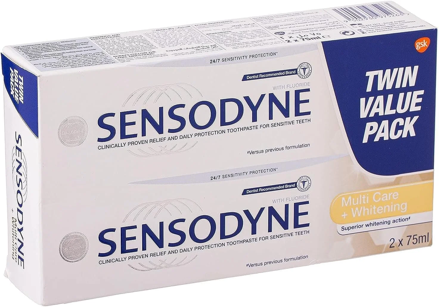 خمیر دندان سنسوداین Multi Care + Whitening برای دندان های حساس، عملکرد سفید کنندگی برتر، 75 میلی لیتر، بسته 2 عددی