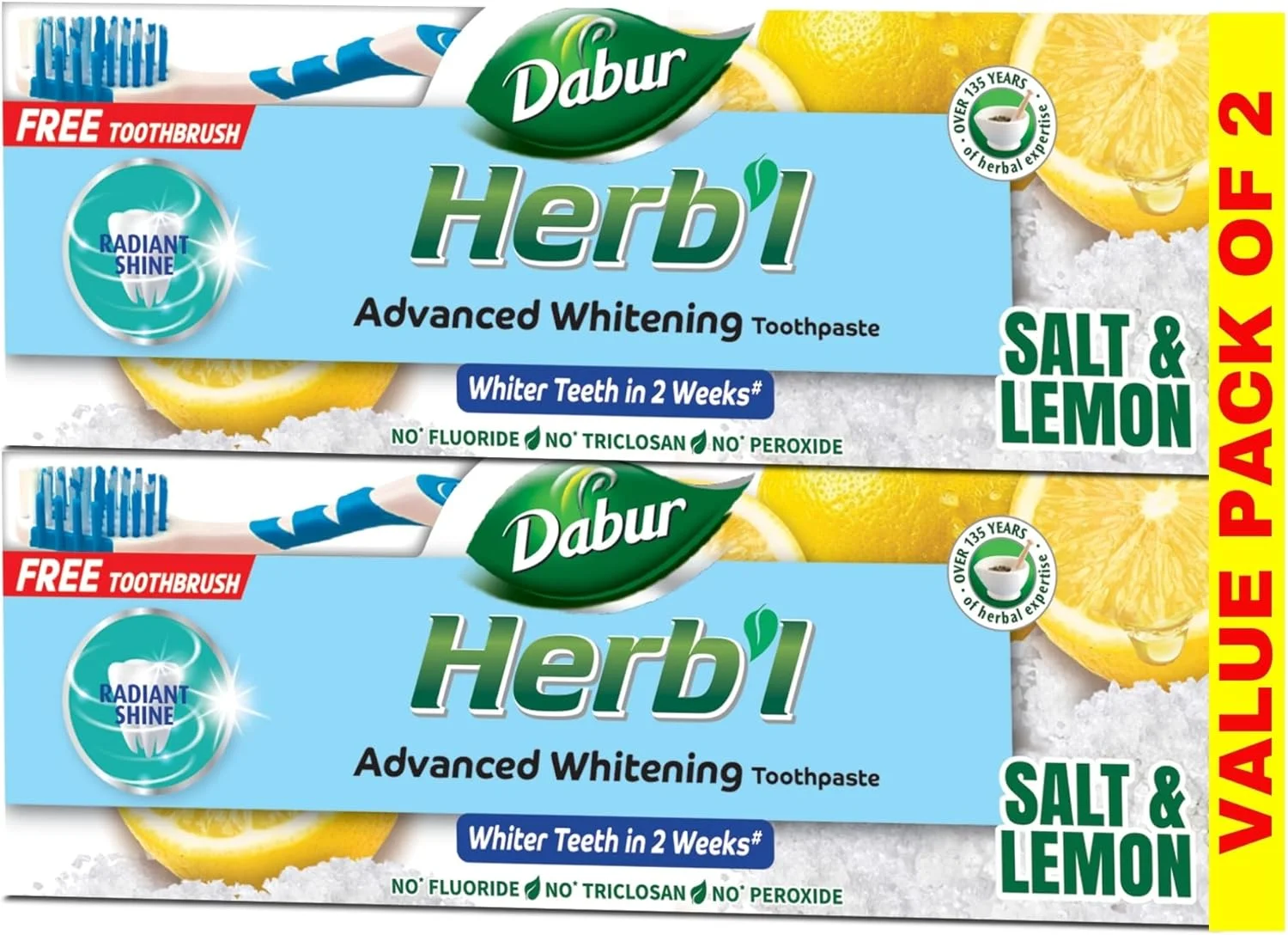 خمیر دندان سفید کننده گیاهی دابور (2 عدد 150 گرمی + مسواک) | غنی شده با نمک و لیمو | برای درخشش و سفیدی فوق العاده دندان ها | بسته ویژه