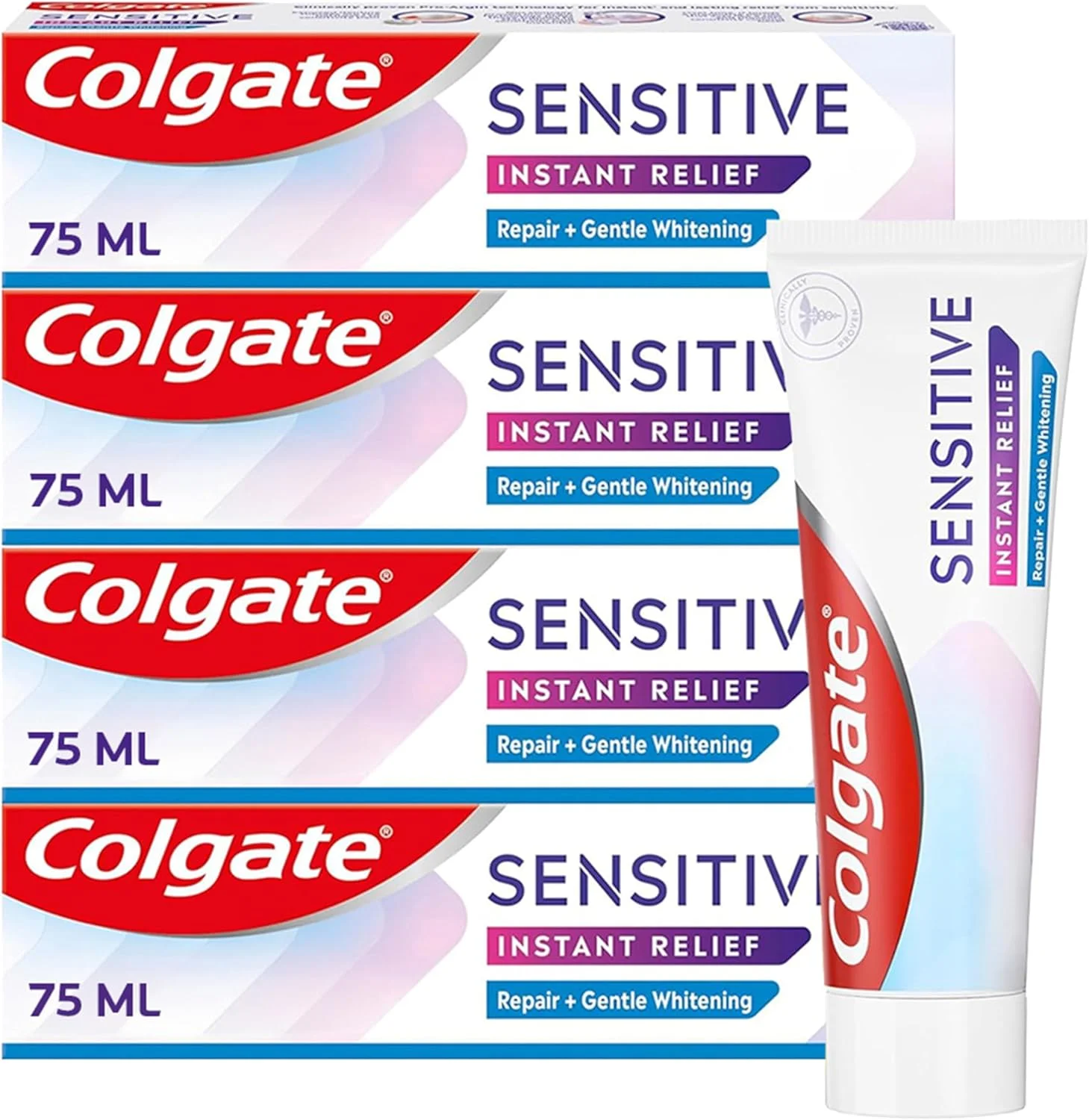 خمیر دندان کلگیت مخصوص دندان های حساس، ترمیم کننده + سفید کننده ملایم | تسکین فوری* و طولانی مدت** حساسیت | لایه محافظ با کلسیم** | خمیر دندان حاوی فلوراید | بسته 4 عددی، تیوب 75 میلی لیتری