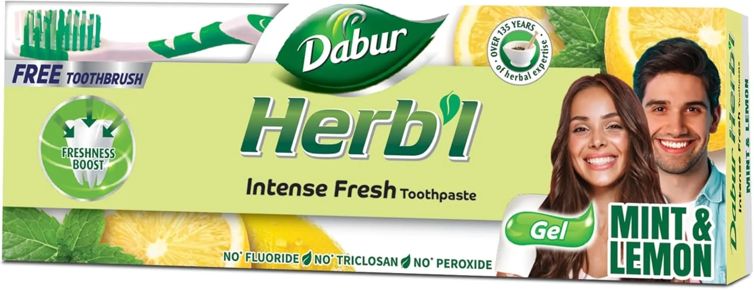 خمیر دندان ژلی گیاهی طراوت بخش دابور (150 گرم + مسواک) | با ترکیبی از نعناع و لیمو | خمیر دندان ژلی طبیعی برای تنفس تازه