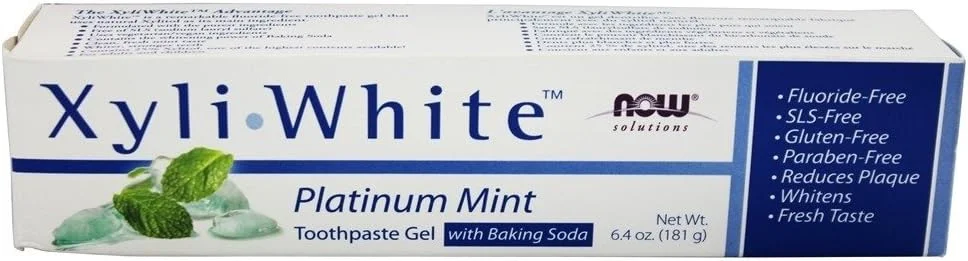 ژل خمیر دندان Xyli White Solutions از NOW Foods با جوش شیرین و طعم نعناع پلاتینی - 181 گرم