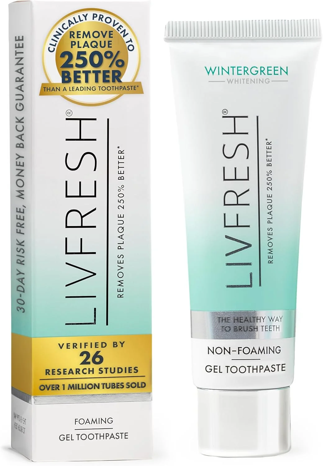 ژل دندان خمیر دندان LIVFRESH، از نظر بالینی ثابت شده است که 250% بهتر پلاک را از بین می برد، سلامت لثه را 190% بهبود می بخشد، از جرم جلوگیری و آن را کاهش می دهد، تنفس را تازه می کند، بدون SLS، بدون شکر، وینترگرین