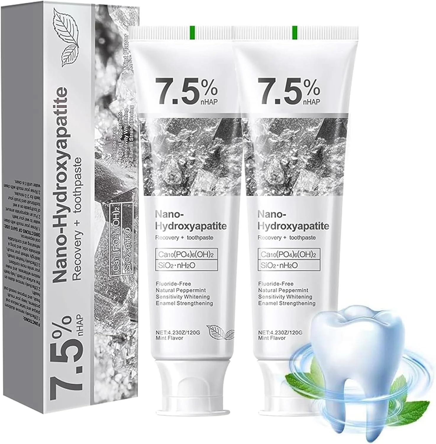 خمیر دندان حاوی 7.5% هیدروکسی آپاتیت، بسته 2 عددی، برای محافظت پیشرفته از مینای دندان و تقویت دندان، فرمول ملایم و موثر، خمیر دندان سفید کننده بدون فلوراید برای دندان های حساس، تنفس تازه، استفاده روزانه