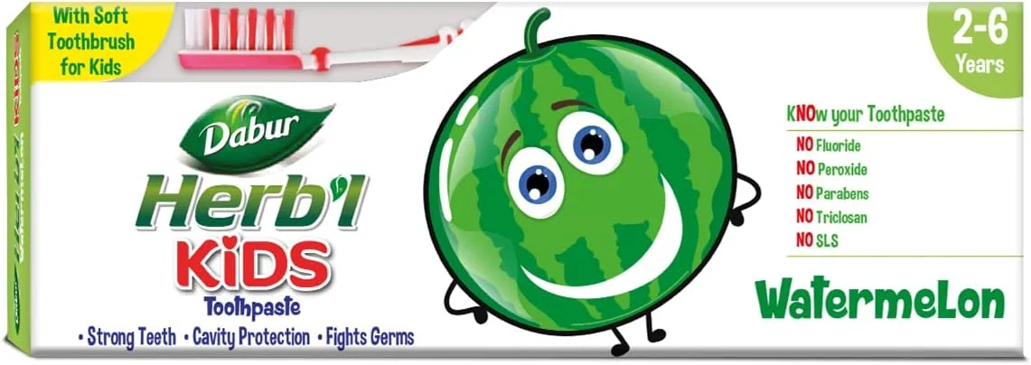 خمیر دندان کودکانه دابور هربال پلاس با طعم هندوانه (50 گرم + مسواک نرم) | برای دندان های قوی، محافظت از پوسیدگی و مبارزه با میکروب ها | بدون مواد شیمیایی مضر