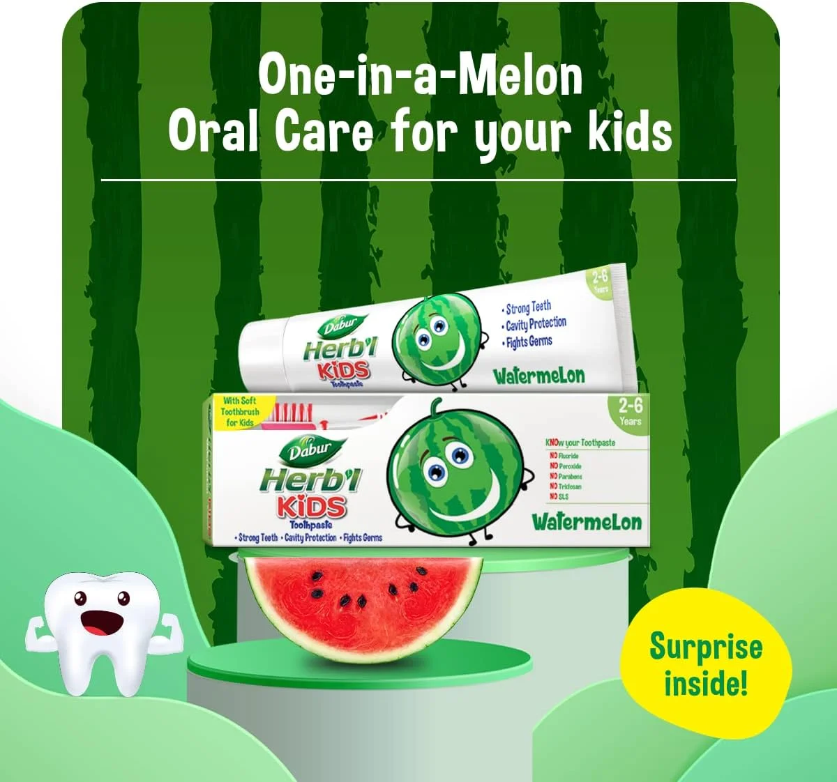 خمیر دندان کودکانه دابور هربال پلاس با طعم هندوانه (50 گرم + مسواک نرم) | برای دندان های قوی، محافظت از پوسیدگی و مبارزه با میکروب ها | بدون مواد شیمیایی مضر خمیر دندان کودکانه دابور هربال پلاس با طعم هندوانه (50 گرم + مسواک نرم) | برای دندان های قوی، محافظت از پوسیدگی و مبارزه با میکروب ها | بدون مواد شیمیایی مضر