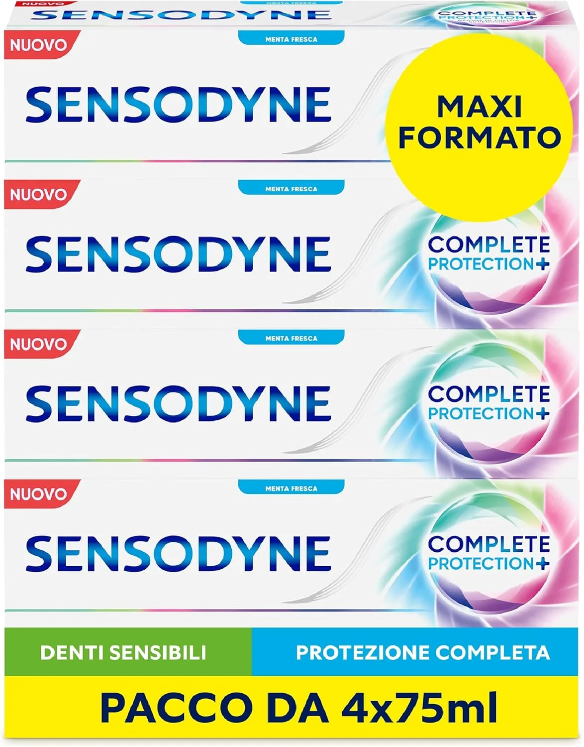 خمیر دندان روزانه سنسوداین Complete Protection+ برای دندان های حساس، لثه های سالم و تنفس تازه، محافظت در برابر پوسیدگی و پلاک، نعناع تازه، فرمت بزرگ 4 x 75 میلی لیتر