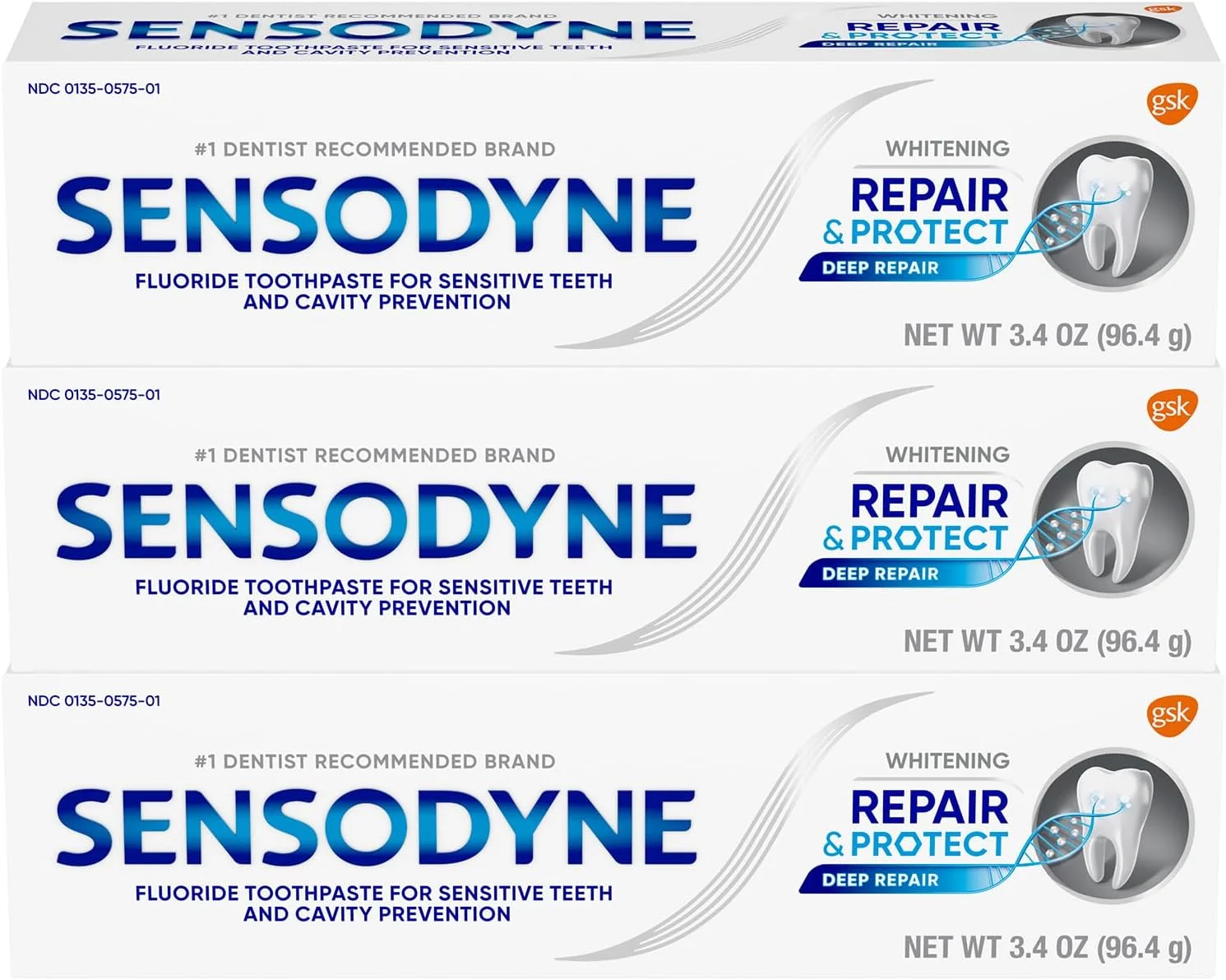 خمیر دندان سفید کننده و محافظت کننده سنسوداین، خمیر دندان برای دندان های حساس و جلوگیری از پوسیدگی، 100 میلی لیتر (بسته 3 عددی)