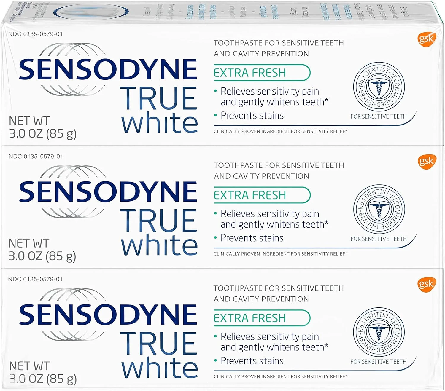 خمیر دندان سفید کننده دندان های حساس Sensodyne True White برای دندان های لکه دار، پیشگیری از پوسیدگی و درمان دندان های حساس، فوق العاده با طراوت - 85 گرم (بسته 3 عددی)