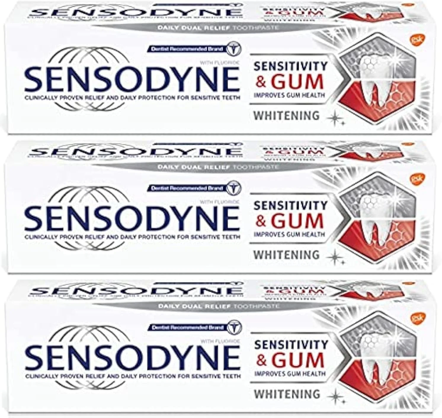 خمیر دندان سنسوداین 3X مخصوص دندان های حساس، محافظ لثه و سفید کننده 75 میلی لیتر