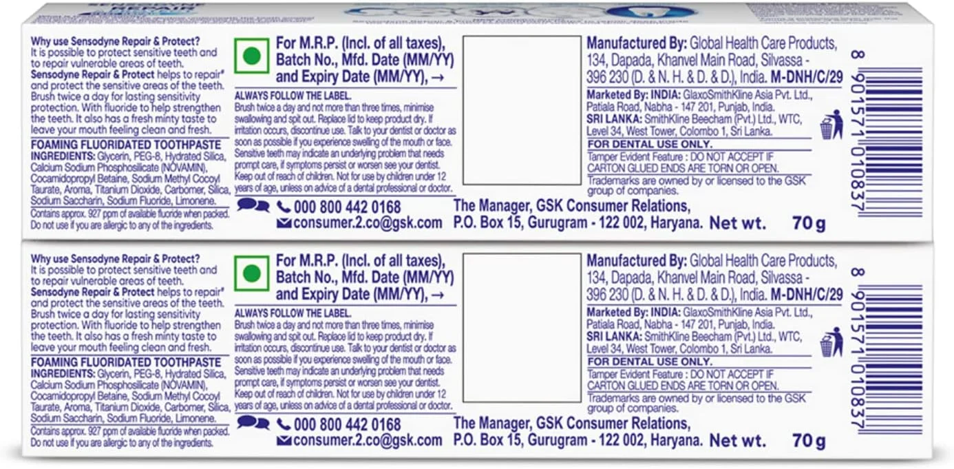 خمیر دندان ترمیم کننده و محافظ سنسوداین | خمیر دندان برای محافظت روزانه از دندان های حساس، تسکین طولانی مدت | بسته ترکیبی - 140 گرم (70 گرم x 2) | طعم تازه | توصیه شده توسط دندانپزشکان خمیر دندان ترمیم کننده و محافظ سنسوداین | خمیر دندان برای محافظت روزانه از دندان های حساس، تسکین طولانی مدت | بسته ترکیبی - 140 گرم (70 گرم x 2) | طعم تازه | توصیه شده توسط دندانپزشکان
