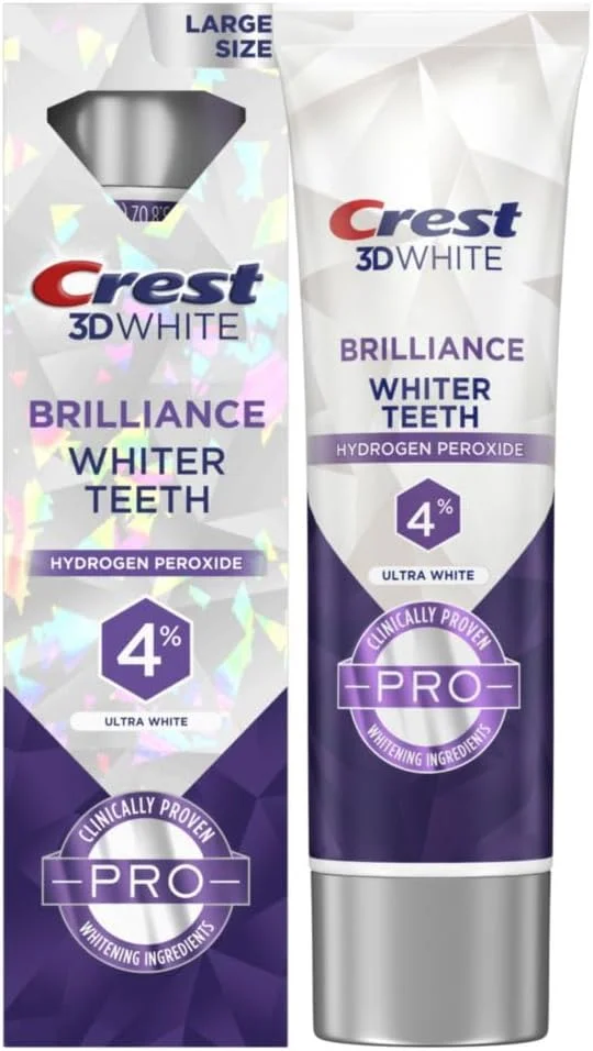 خمیر دندان سفید کننده دندان کرست 3D White Brilliance Pro Ultra White، 107 گرم، خمیر دندان ضد پوسیدگی حاوی فلوراید، 4% هیدروژن پراکسید، محافظت فعال سفید کننده