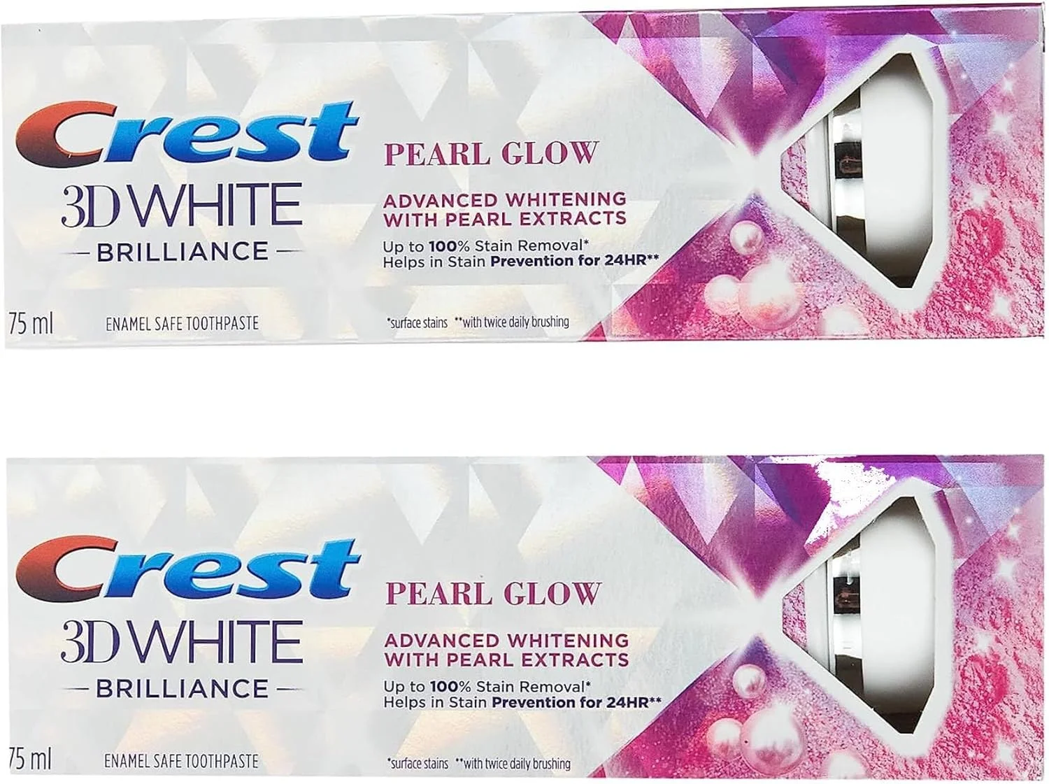 خمیر دندان سفید کننده پیشرفته کرست 3D White Brilliance Pearl Glow، ۷۵ میلی لیتر، بسته دوتایی