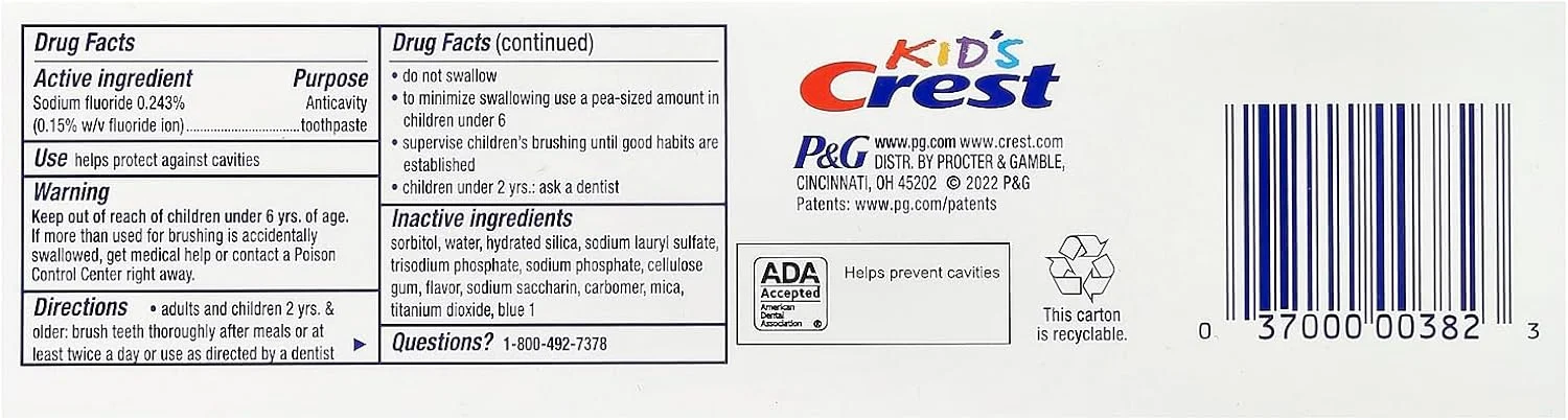 خمیر دندان کودکانه کرست، حاوی فلوراید، ضد پوسیدگی، طعم Sparkle Fun، ۱۳۰ گرم