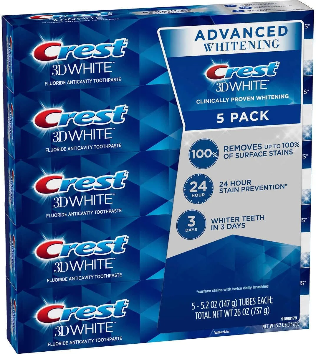 خمیر دندان سفید کننده پیشرفته کرست 3D White، ۱۴۷ گرم (بسته ۵ عددی)