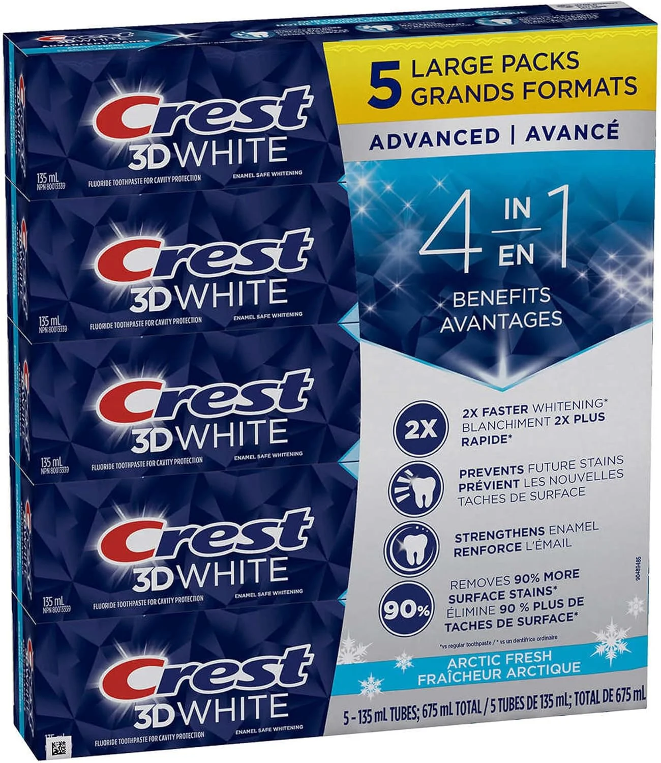 خمیر دندان سفید کننده کرست 3D White 4 In 1، طعم Arctic Fresh، ۱۳۵ میلی لیتر، بسته ۵ عددی