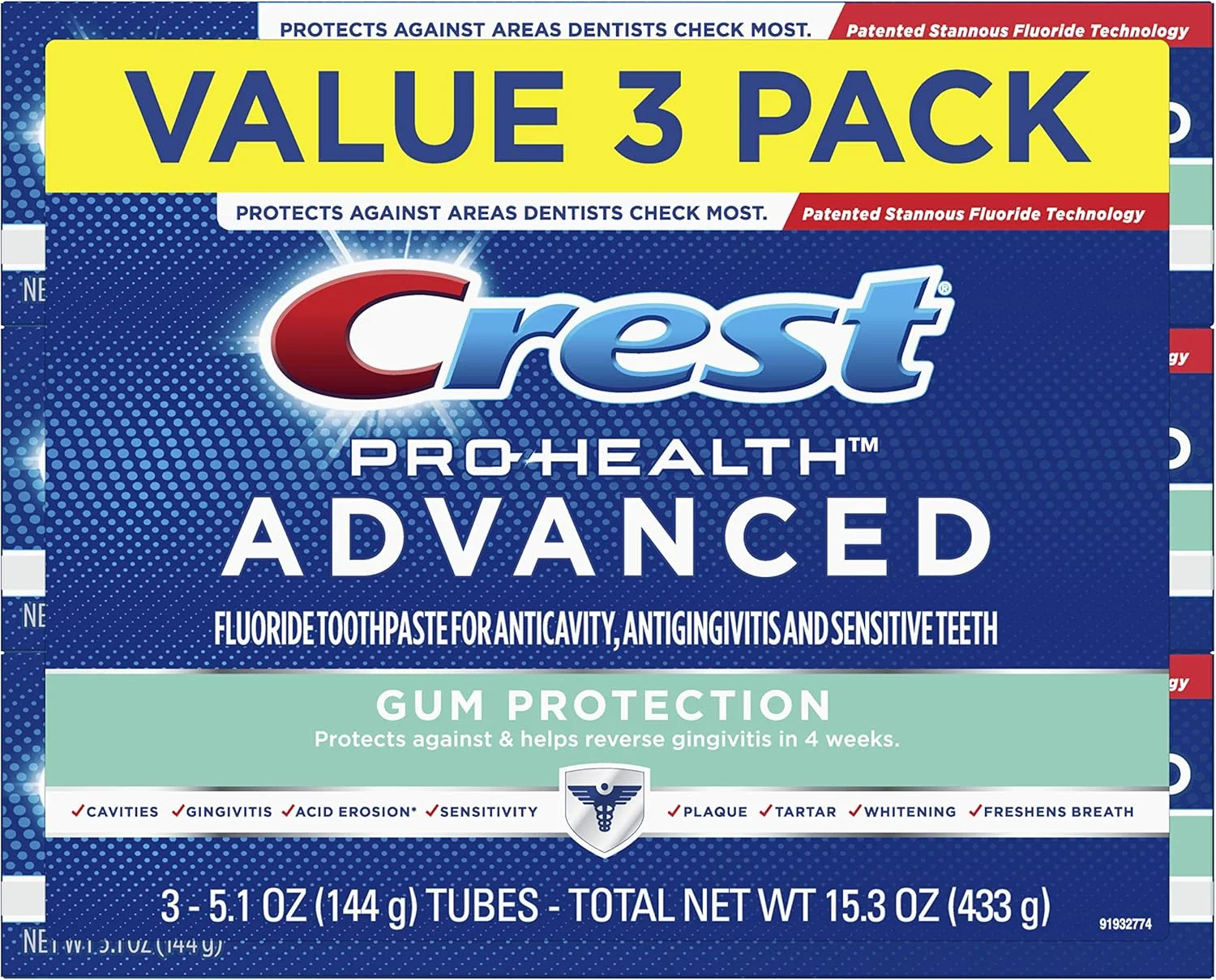 خمیر دندان محافظ لثه پیشرفته کرست پرو-هلث، 144 گرم، بسته 3 عددی